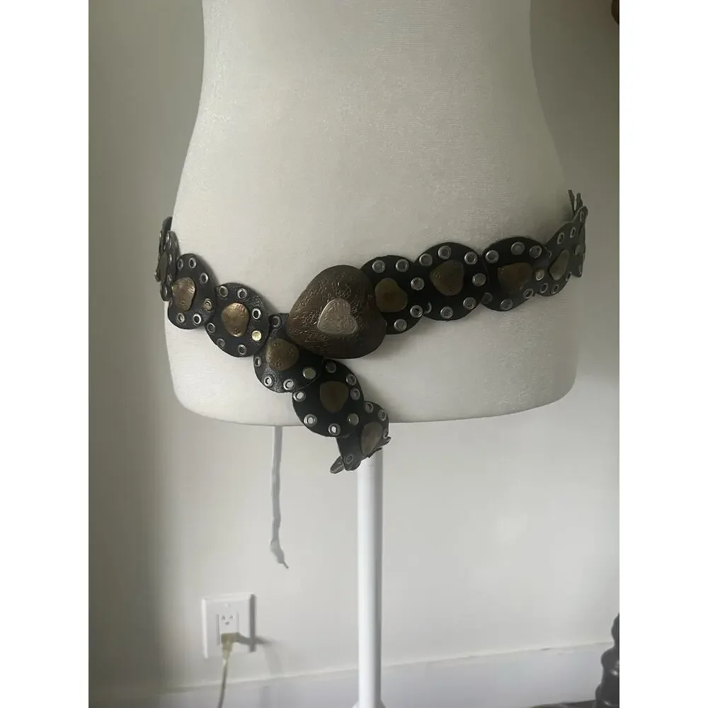 Putcuku Disc Belt Black Leather Heart Concha Metal Bohemian Western